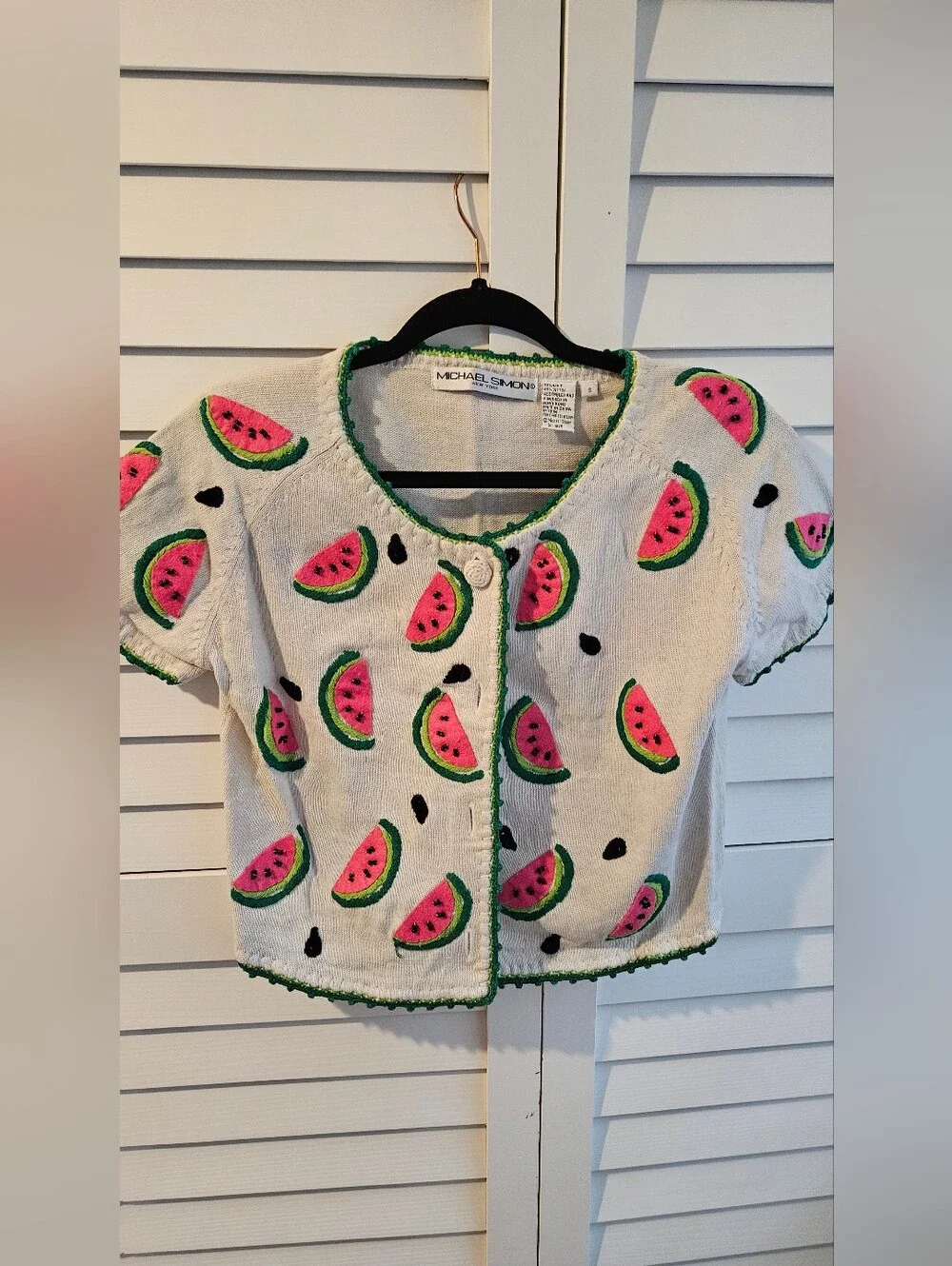 Vintage Michael Simon White Short-Sleeve Watermelon Print Button Cardigan - Picture 1 of 9